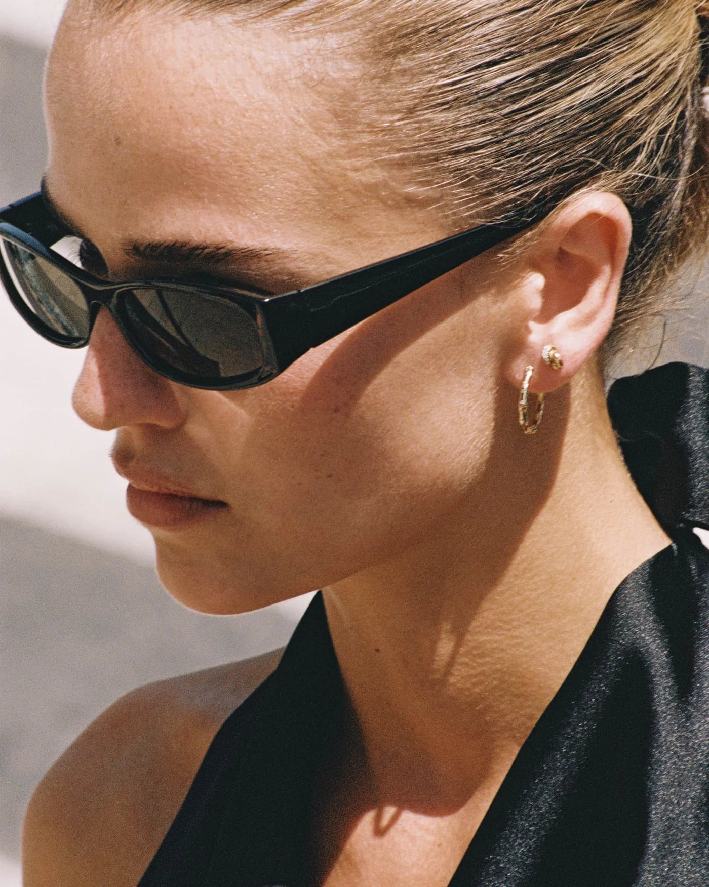 Bamboo Texture Hoop Earrings in 18K Gold Vermeil with White Topaz by Handiora