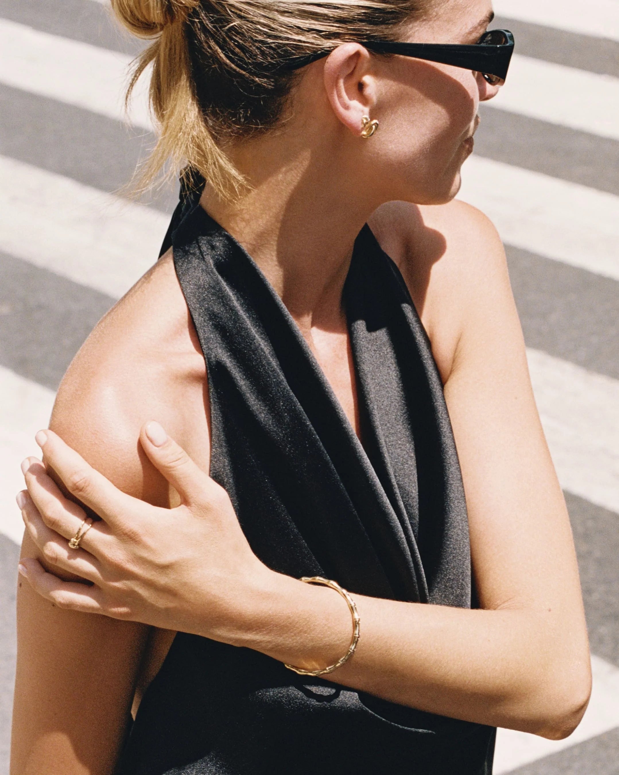 Bamboo Sculptural Cuff Bracelet with Genuine White Topaz in 18K Gold Vermeil by Handiora