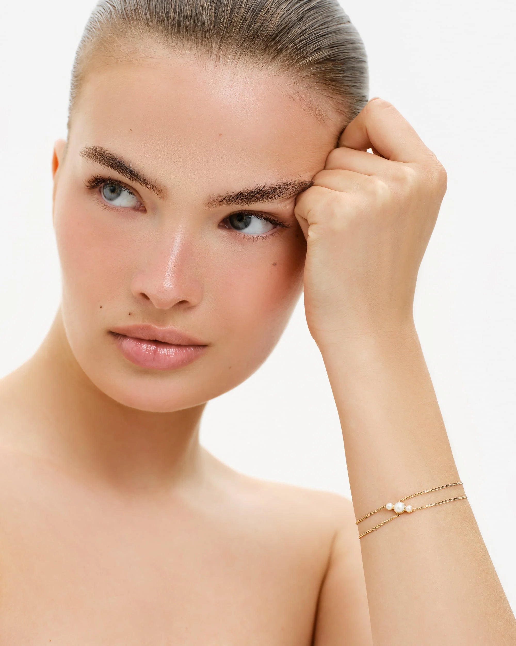 Trilogie Asymmetric Freshwater Pearl Double Chain Bracelet in 18K Gold Vermeil by Handiora