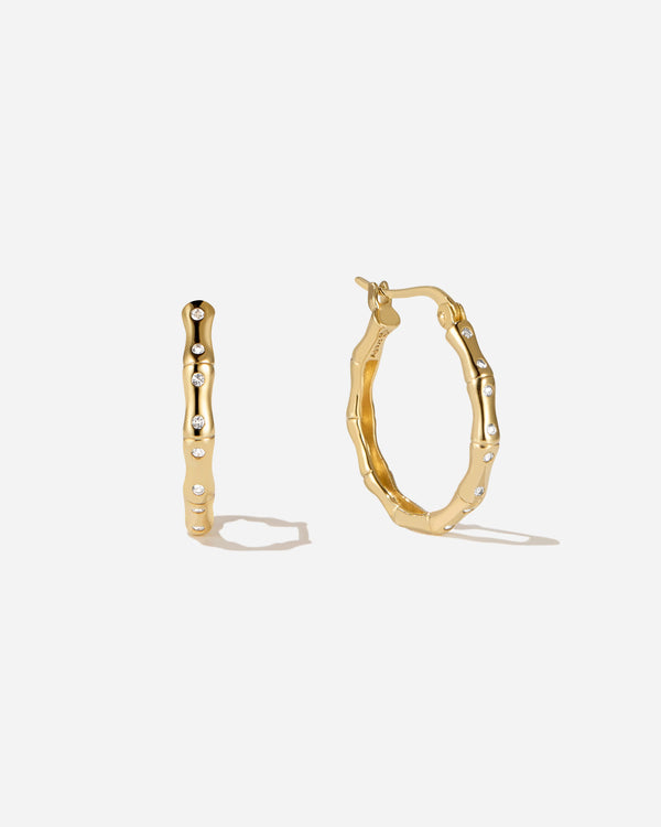 Bamboo Texture Hoop Earrings in 18K Gold Vermeil with White Topaz by Handiora