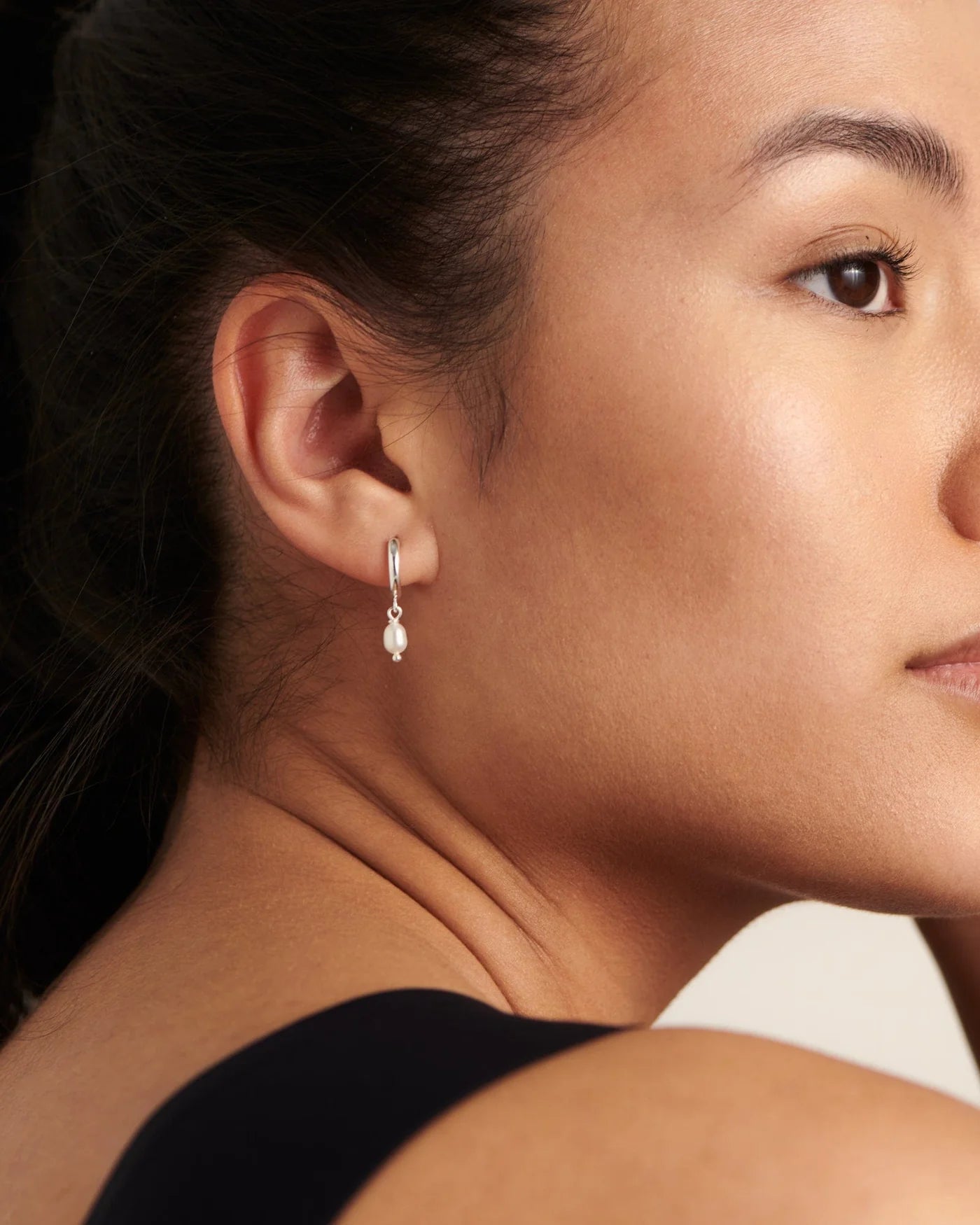 Chamonix Mini Hoop Earrings with Freshwater Pearl in 925 Sterling Silver by Handiora