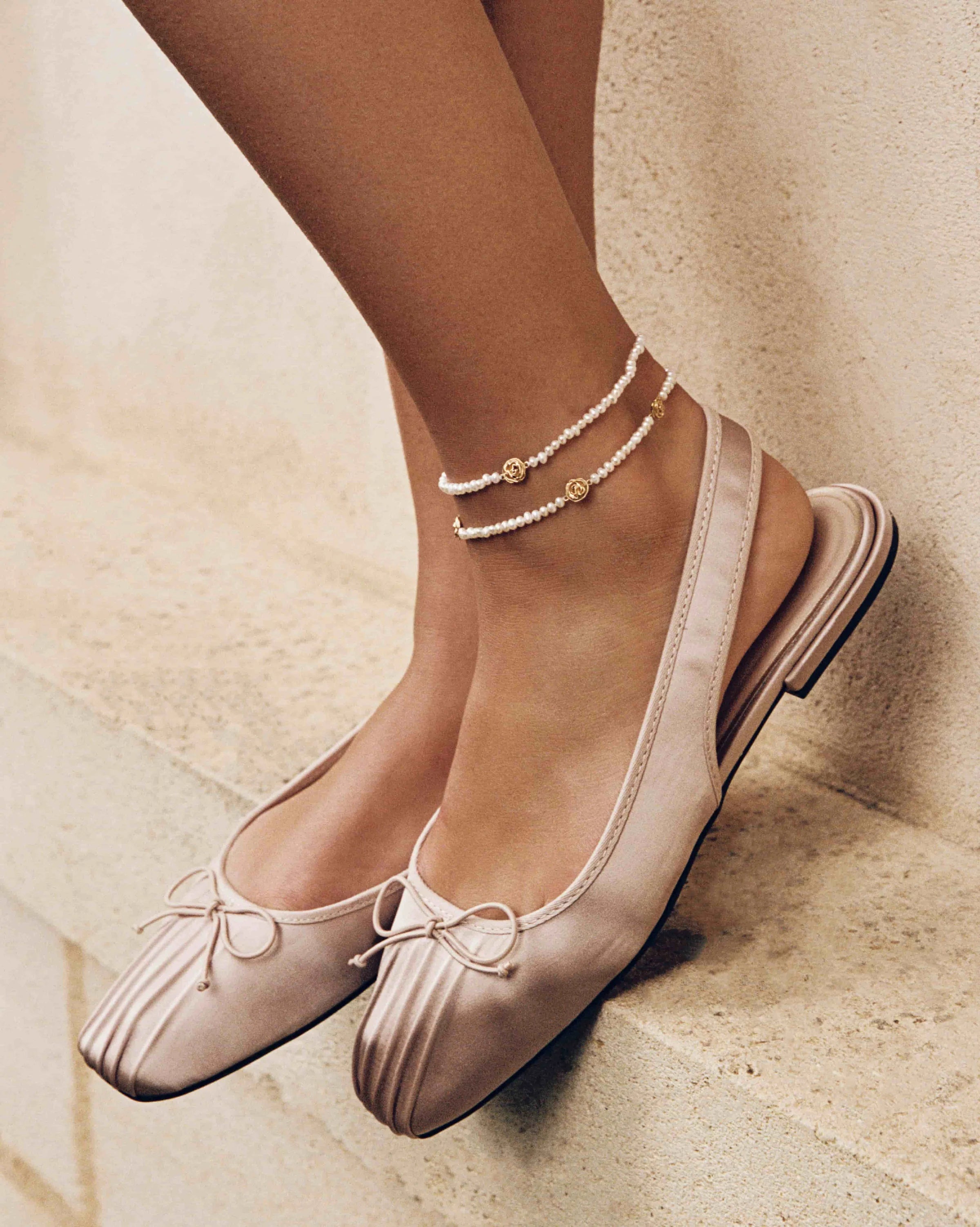 Biarritz Romantic Freshwater Pearl Anklet with Rose Charm in 18K Gold Vermeil by Handiora