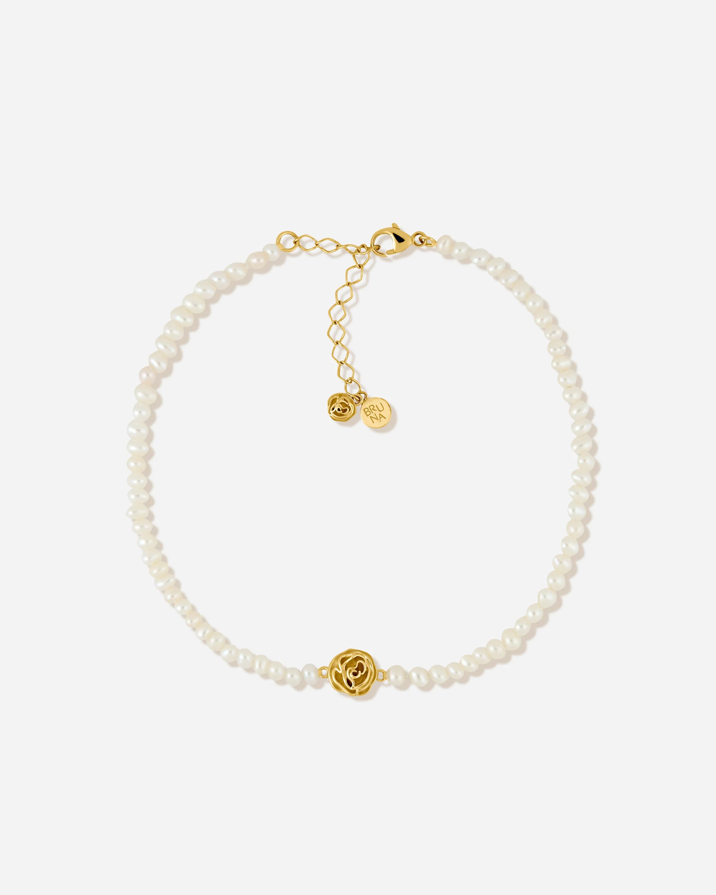 Biarritz Romantic Freshwater Pearl Anklet with Rose Charm in 18K Gold Vermeil by Handiora